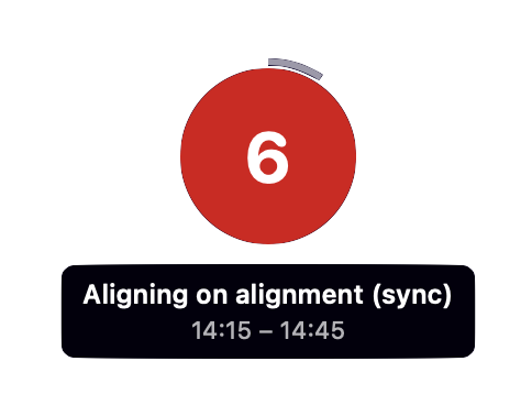 Countdown showing 6 minutes until the next meeting, in red